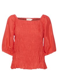 Top rosso arricciato con scollo quadrato e maniche a sbuffo, con orlo arricciato e tessuto strutturato per un aspetto definito.
