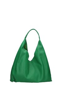 Borsa hobo in pelle verde con una texture morbida, forma floscia e apertura superiore. Presenta un'unica maniglia curva e dettagli minimi.