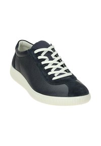 Zapatillas para hombre en cuero y ante de color azul marino oscuro, con cordones blancos y una parte superior texturizada, con suela de goma y puntera redondeada.