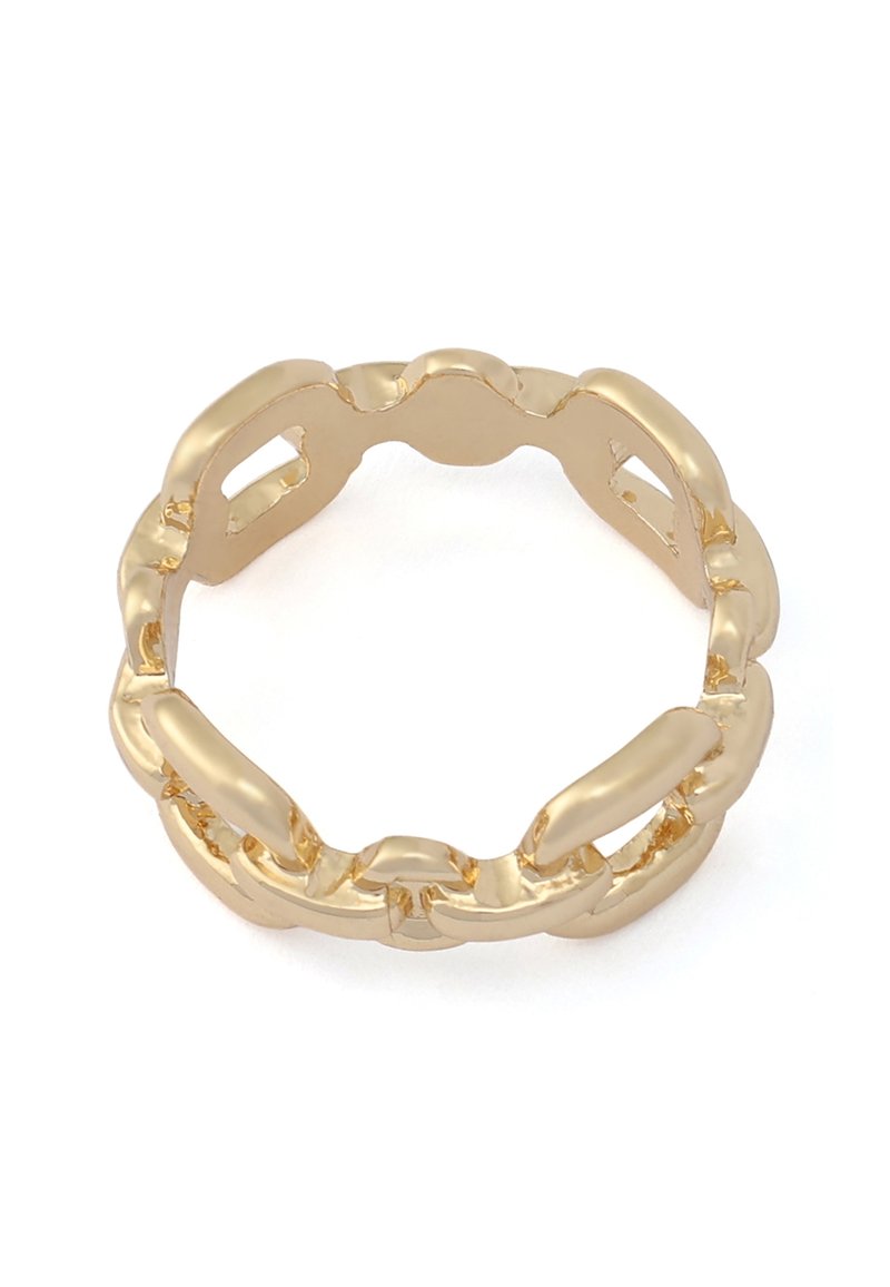 Bague en or avec un design de chaîne liée formant une boucle continue, polie et réfléchissante sur un fond blanc.