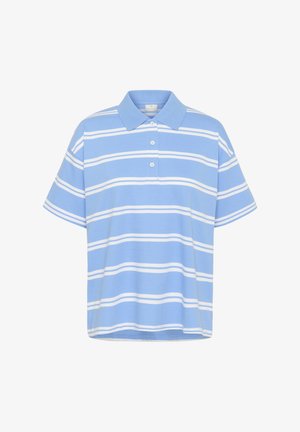 Lichtblauw polo shirt met witte horizontale strepen, drie-knopen sluiting en korte mouwen. Zacht materiaal met een ontspannen pasvorm.
