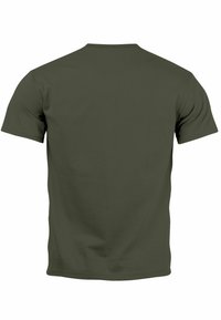 Olive green short-sleeve t-shirt made of cotton. Simple round neckline with a smooth texture and no visible patterns or graphics.