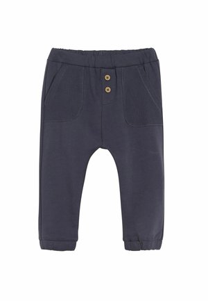 Pantalons en mélange de coton bleu marine avec une texture côtelée, dotés de deux poches avant, d'une fermeture à bouton et de poignets élastiqués.