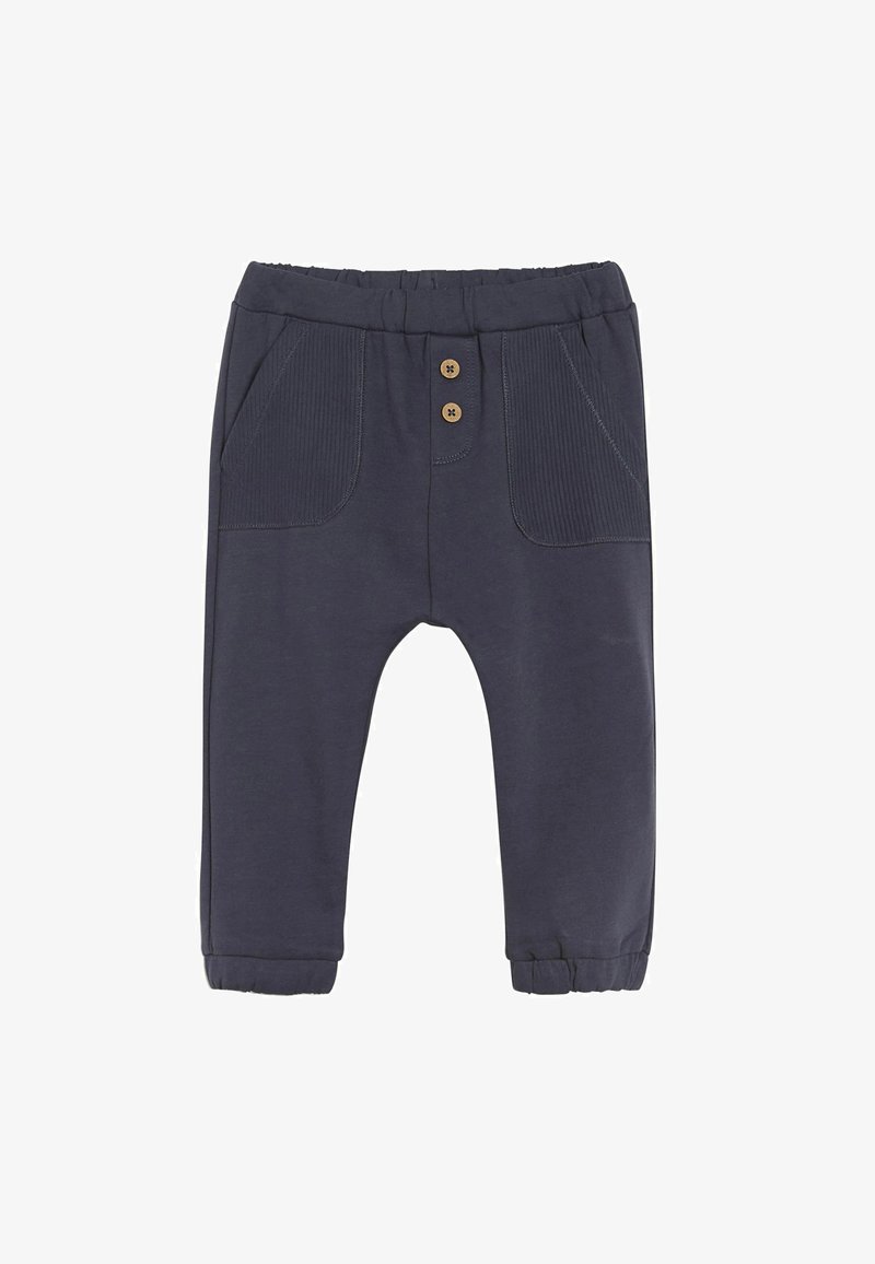 Marineblaue Baumwollmischstoffhose mit gerippter Textur, ausgestattet mit zwei Fronttaschen, einem Knopfverschluss und elastischen Bündchen.