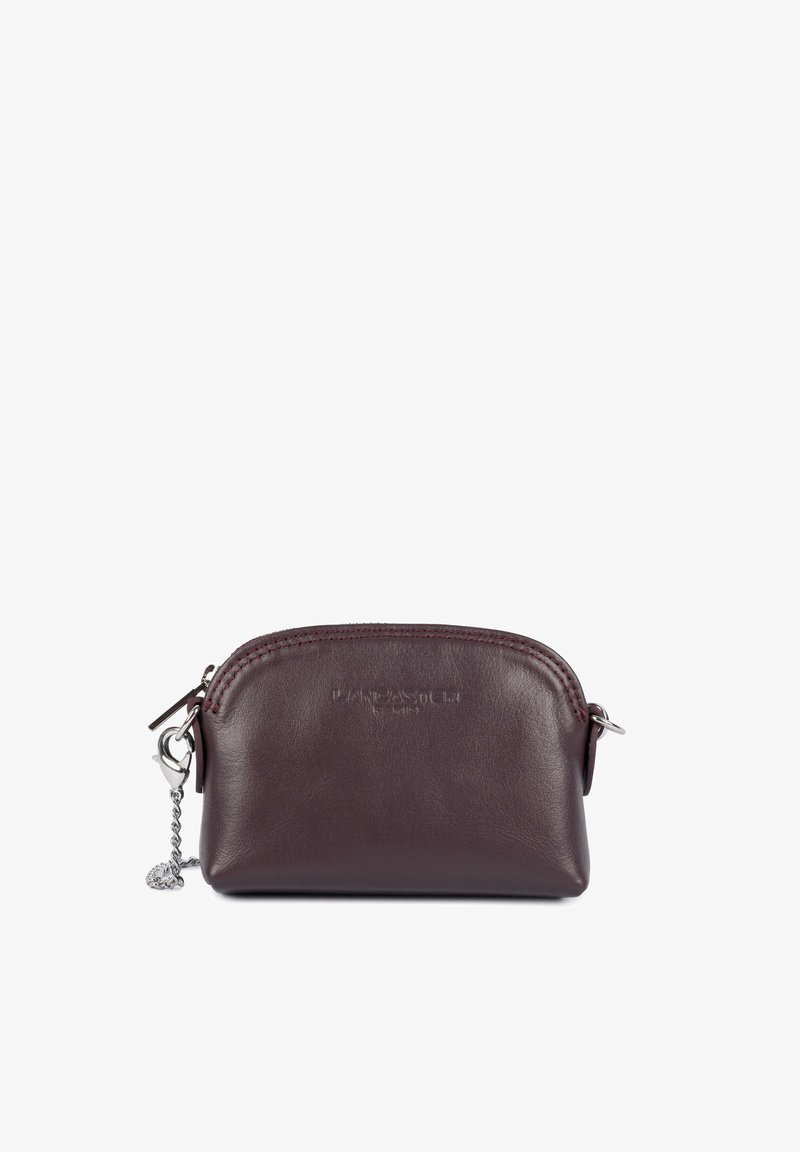 Petit étui en cuir marron foncé avec dessus incurvé, fermeture éclair et chaîne argentée attachée au curseur de la fermeture sur fond blanc.