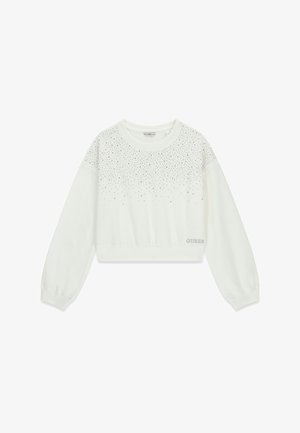 Weißes, kurz geschnittenes Sweatshirt mit langen Ärmeln, das vorne einen Verlauf aus Strasssteinen und unten links das "GUESS"-Logo in Silber aufweist.