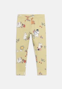 Μπεζ κολάν παιδικό με πολύχρωμους χαρακτήρες Moomin, λουλούδια, μήλα, ήλιο και μικρά ζώα τυπωμένα παντού.