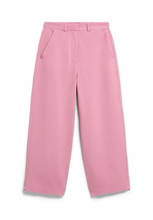 Pantaloni rosa a vita alta con gamba larga, passanti per cintura, tasche laterali e chiusura anteriore nascosta.