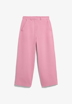 Pantaloni rosa a vita alta con gamba larga, passanti per cintura, tasche laterali e chiusura anteriore nascosta.