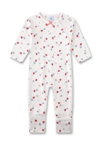 Weißer Baumwoll-Body mit langen Ärmeln und roter Schleifen-Applikation. Verziert mit einem bunten Druck von Marienkäfern und kleinen Blumenmustern.