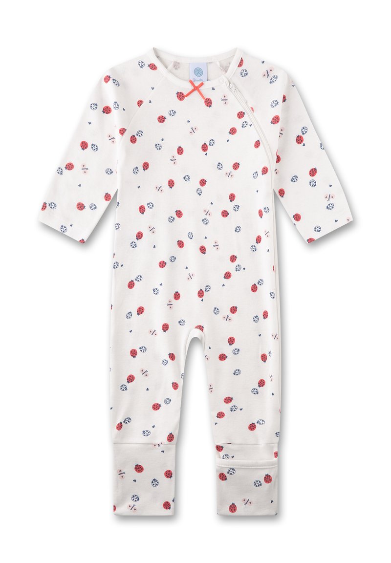 Weißer Baumwoll-Body mit langen Ärmeln und roter Schleifen-Applikation. Verziert mit einem bunten Druck von Marienkäfern und kleinen Blumenmustern.