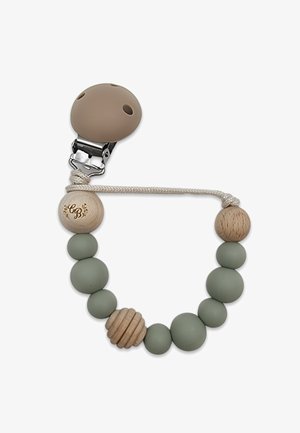 Attache-tétine en silicone avec un clip rond beige, perles en bois texturées dans des nuances de beige et de vert, enfilées avec un cordon de couleur crème.