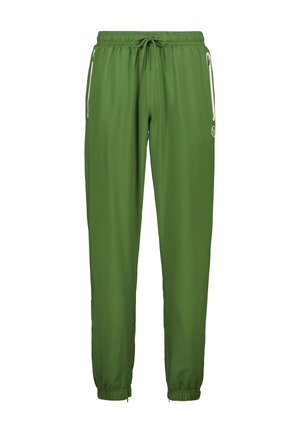 Pantalons de sport verts avec une taille élastique, un cordon de serrage ajustable, des poches zippées sur les côtés et des poignets fuselés. Tissu lisse et léger.