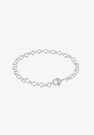 Pulsera de cadena de plata con eslabones ovalados y cierre de barra sobre un fondo blanco.