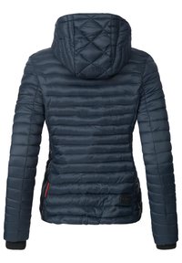 Navy insulated jacket with a quilted design, hood, and zippered pockets. Features a textured finish and adjustable cuffs.