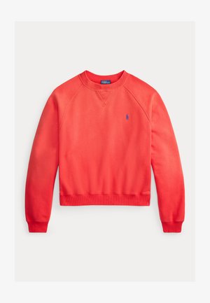Rotes Sweatshirt mit Rundhalsausschnitt und langen Ärmeln, gerippten Bündchen und Saum, mit einem kleinen, blauen, gestickten Polo Ralph Lauren-Logo auf der Brust.