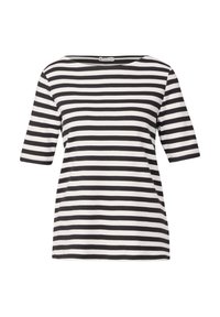 Camiseta de rayas blancas y negras con un escote amplio, mangas cortas y un corte relax, hecha de suave tela de algodón.