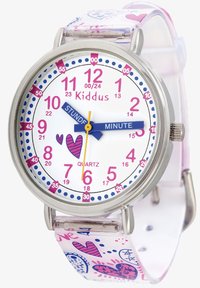 Montre à quartz avec un cadran blanc présentant des chiffres roses et bleus, des cœurs et une aiguille des minutes bleue ; bracelet transparent avec des motifs colorés.