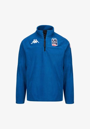 Felpa blu in pile con chiusura a mezza zip, con logo della US Ski Team e branding bianco Kappa sulla spalla sinistra.