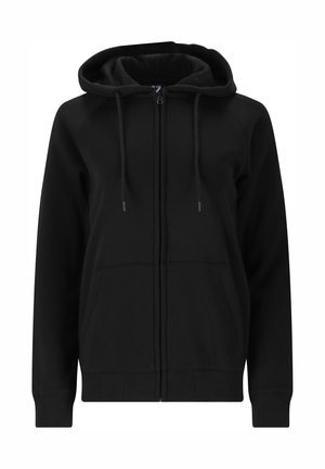 Schwarze Zip-Hoodie aus weichem Stoff, mit großer Kapuze, Fronttaschen und gerippten Bündchen und Saum für eine enge Passform.