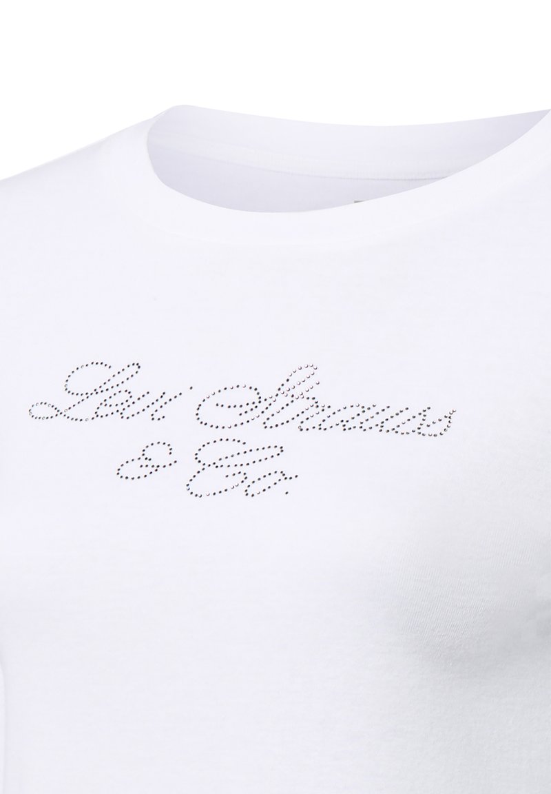White cotton T-shirt featuring a dotted script design that reads "Levi Strauss & Co." on the front, with a classic crew neck.
