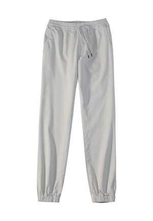 Light gray jogger pants with an elastic waistband, drawstring closure, side pockets, and gathered cuffs at the ankles. Soft textile material.