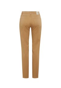 Beige Baumwollhosen mit schmaler Passform, zwei Gesäßtaschen und einem gewebten Etikett am hinteren Bund. Glatte Textur und körperbetontes Design.
