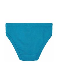 Teal katoenen bikinibroekje met een naadloze tailleband en een eenvoudig ontwerp. Gladde textuur, bescheiden afdekking en geen zichtbare patronen.