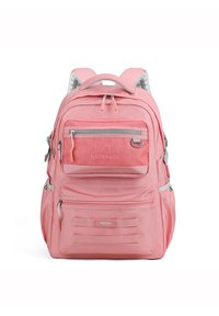 Zaino rosa con molteplici scomparti con cerniere, spallacci imbottiti e una superficie testurizzata. Presenta un logo e spallacci regolabili.