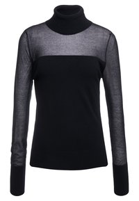 Maglione nero a collo alto con corpo semplice e maniche superiori trasparenti. Realizzato in tessuto morbido, ha un design aderente e polsini a coste.