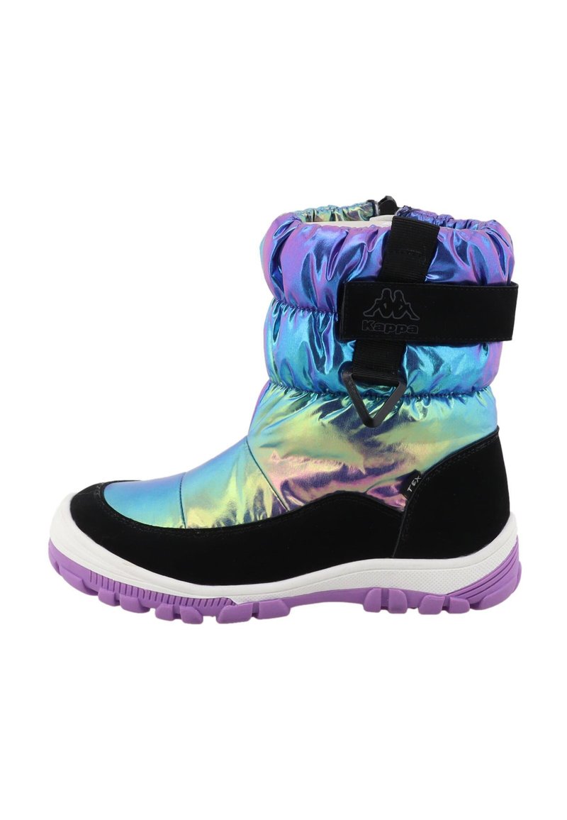 Bottes à neige irisé avec un bout et un bord en suède noir, un col rembourré, une semelle en caoutchouc violette et une sangle ajustable.