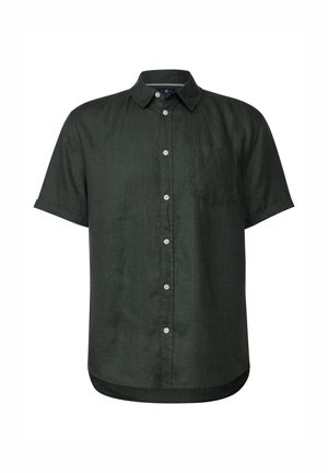 Dark green short-sleeve shirt made of linen with a button-down collar, front pocket, and curved hem. Features white buttons and textured fabric.