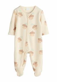 Combinaison pour bébé de couleur crème en tissu doux, avec un zip à l'avant et un motif de glands dans des accents marron clair et vert.