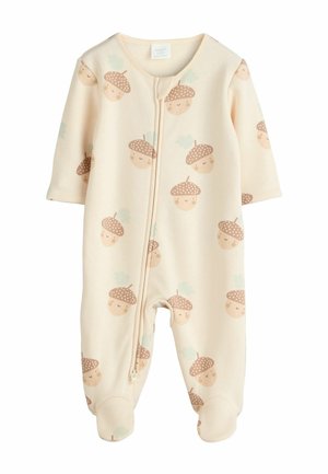 Romper per neonati color crema realizzato in tessuto morbido, con una chiusura a cerniera frontale e motivo a ghianda in marrone chiaro e accenti verdi.