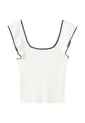 Haut court blanc côtelé avec encolure carrée et manches courtes évasées, orné d'un liseré bleu marine le long des bords.