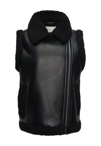 Zwart leren mouwloos vest met een zachte zwarte schapenvacht kraag, twee zijzakken en een rits aan de voorkant. Textuur met contrasterende stofaccenten.