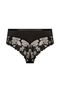 Czarne koronkowe majtki z kwiatowymi wzorami na dolnych krawędziach i gładkim czarnym paskiem w talii. Misternie wykonane, z falistą lamówką.