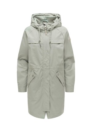 Hellgrauer Kapuzenparka mit Frontreißverschluss, verstellbaren Kordeln, Klappentaschen mit Knöpfen und langen Ärmeln.