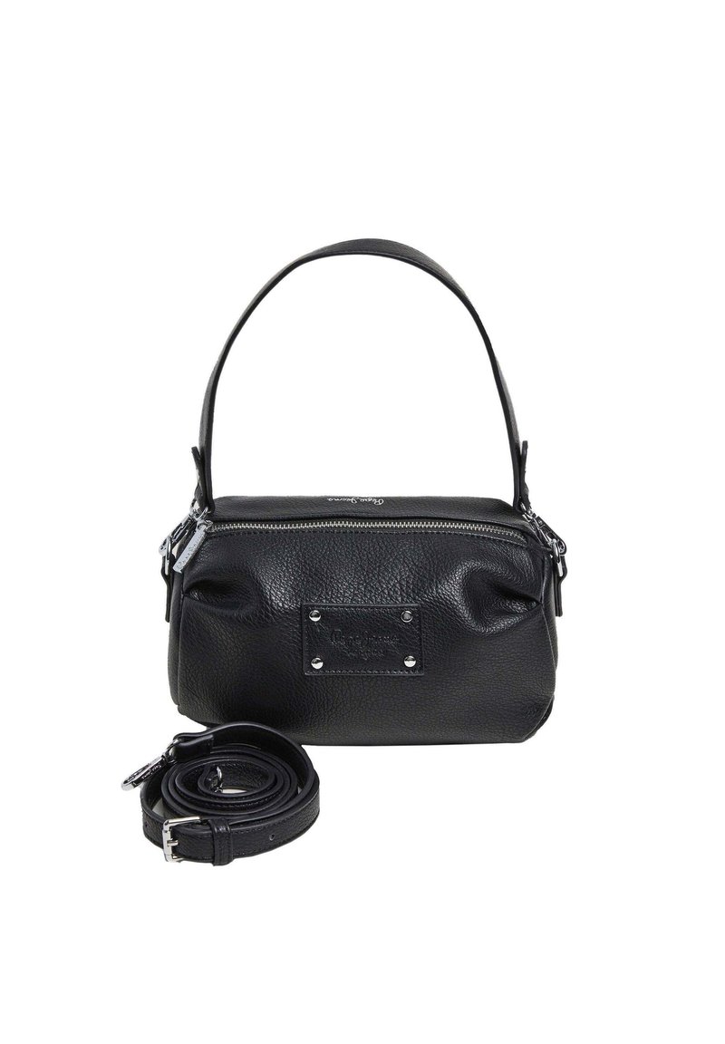 Borsa a tracolla in pelle nera con finitura texturizzata, chiusura con zip e tracolla staccabile. Presenta un'etichetta quadrata con logo sul davanti.
