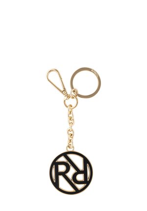 Gold-tone chain keychain featuring a circular black pendant with intersecting letters "R" and "D," attached to a clip and ring.