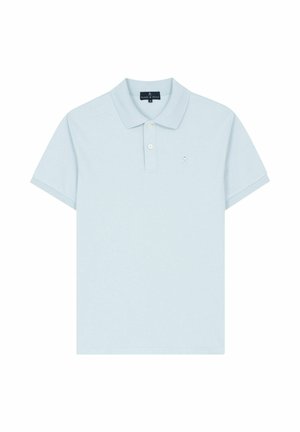 Hellblaues Poloshirt mit kurzen Ärmeln, zwei weißen Knöpfen, kleinem gesticktem Logo auf der linken Brust und Standardkragen.