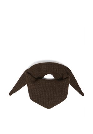 Brown knitted scarf with a textured pattern, folded with pointed ends extending outward on a white background.
