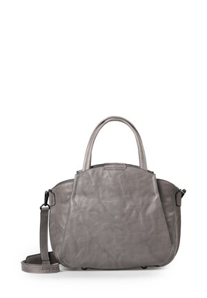 Borsa in pelle grigia con forma arrotondata, doppi manici superiori e tracolla rimovibile. Texture liscia e dettagli di cucitura discreti.