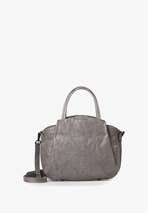 Borsa in pelle grigia con forma arrotondata, doppi manici superiori e tracolla rimovibile. Texture liscia e dettagli di cucitura discreti.