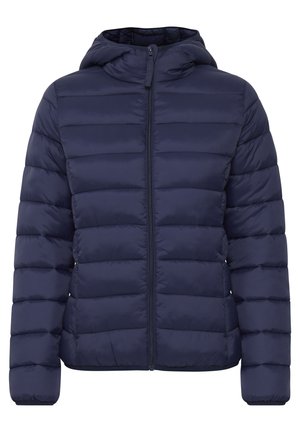 Giacca invernale imbottita blu navy con chiusura a zip, cappuccio e morbida texture trapuntata. Presenta cuciture orizzontali e polsini elasticizzati.