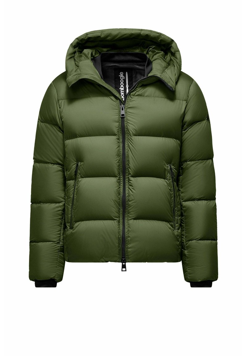 Groene pufferjack met capuchon, voorzien van een gewatteerd ontwerp, een voorrits, twee zijzakken en zwarte accenten op de manchetten en de binnenvoering.