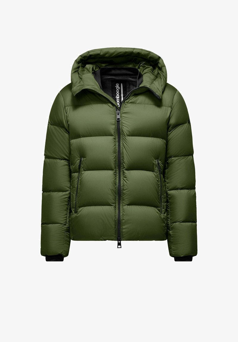 Groene pufferjack met capuchon, voorzien van een gewatteerd ontwerp, een voorrits, twee zijzakken en zwarte accenten op de manchetten en de binnenvoering.