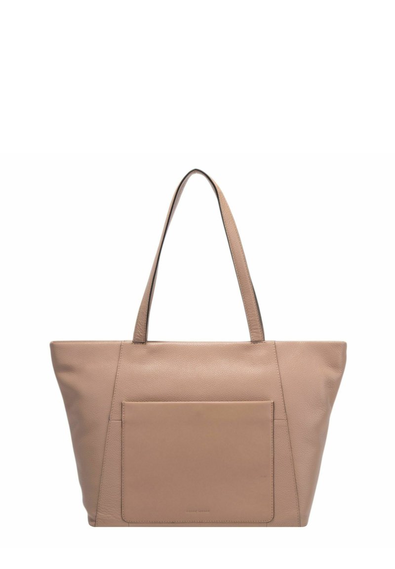 Beige leren tote bag met twee hengsels, rechthoekige vorm en een externe zak. Gladde textuur met minimale accenten en stiksels.