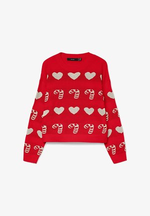 Red knitted sweater with white heart and candy cane patterns arranged in horizontal stripes.