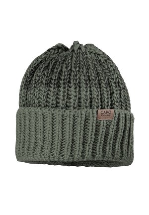 Dark green thick ribbed knit beanie with folded cuff and small brown label reading "CAPO STAY AHEAD" on white background.